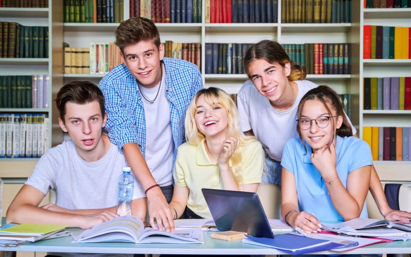 Group of teenage students study in library class. High school, education, adolescent, back to school, back to college concept